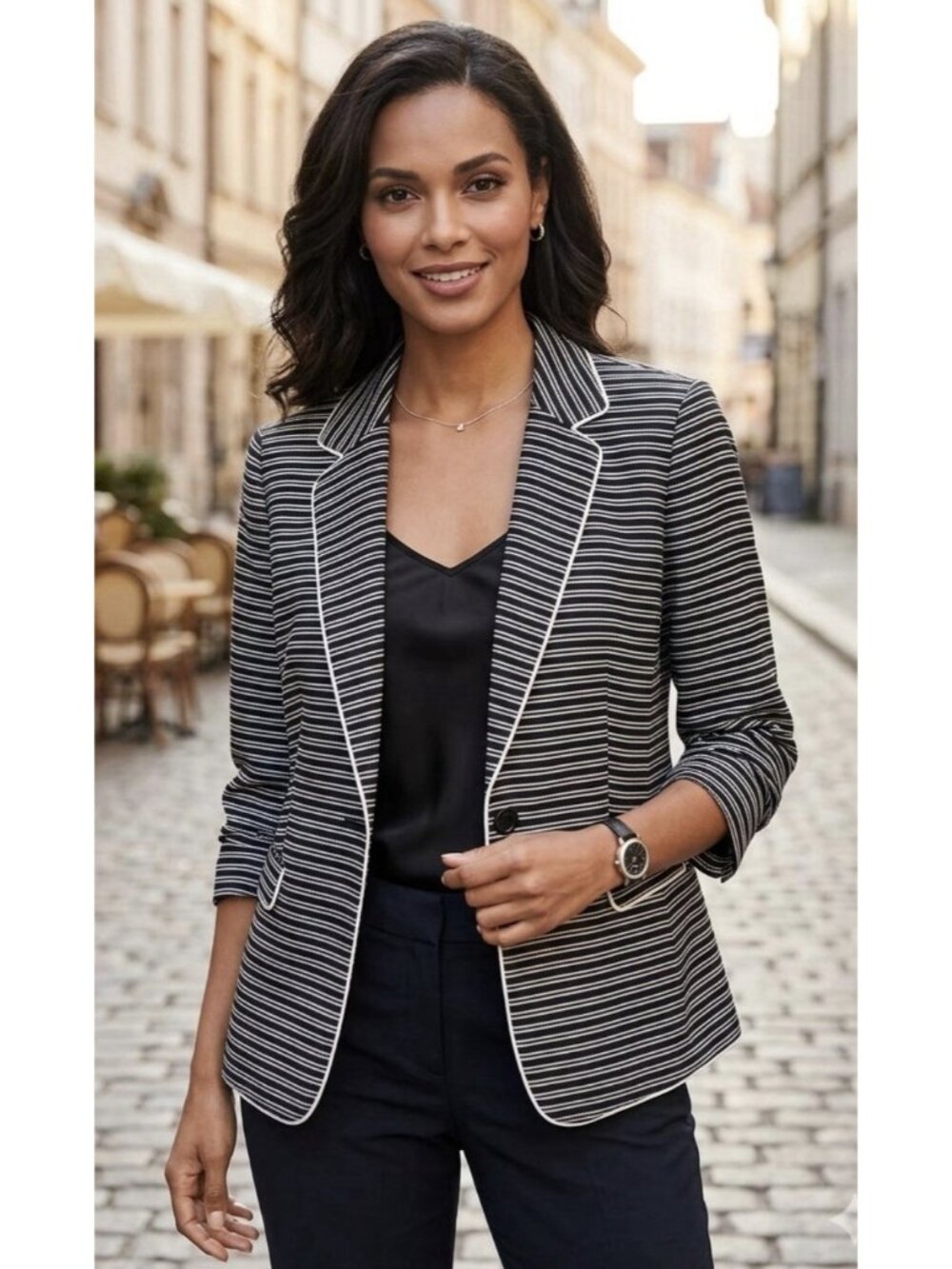 New Tahari Navy White Strips One Button Office Business Career Blazer Jacket